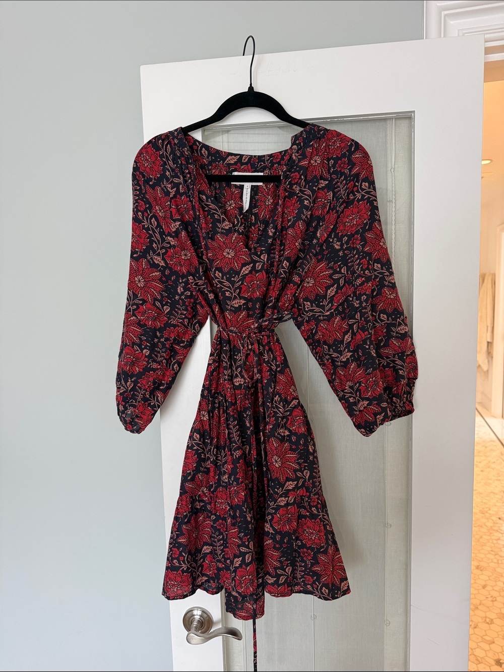 Apiece Apart Red and Black Floral Tie-Waist Mini Dress